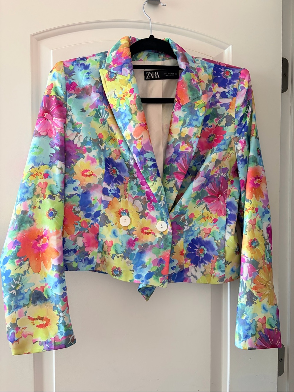 Zara Multicolor Floral Cropped Blazer in Bright Pastels